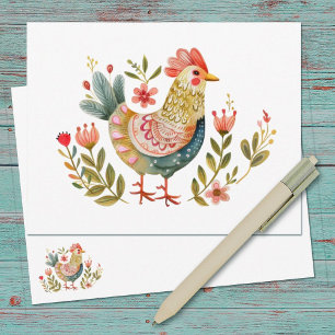 Watercolor Chicken Folk Art Stationery  Card