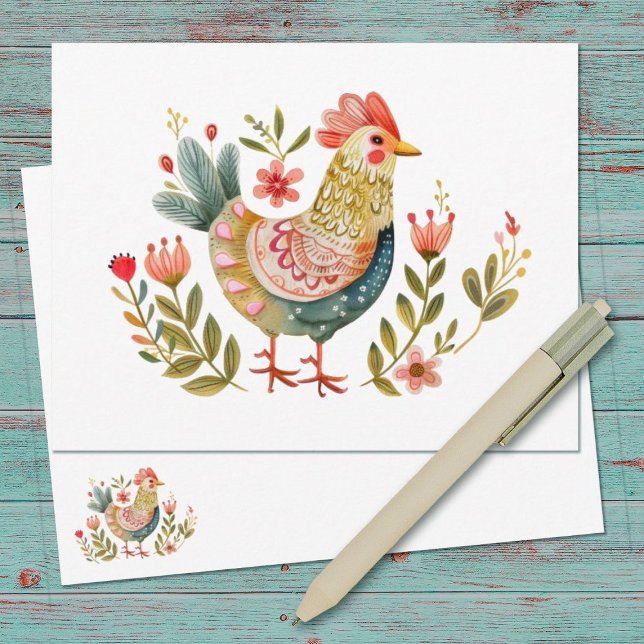 Watercolor Chicken Folk Art Stationery  Card (A pretty farmhouse watercolor folk art chicken notecard)