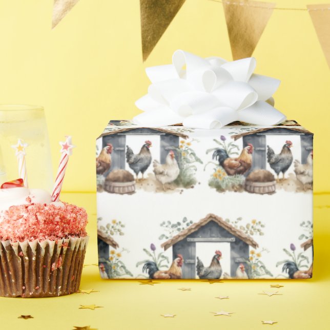 Watercolor Chicken in Coop Wrapping Paper (Birthday Party)