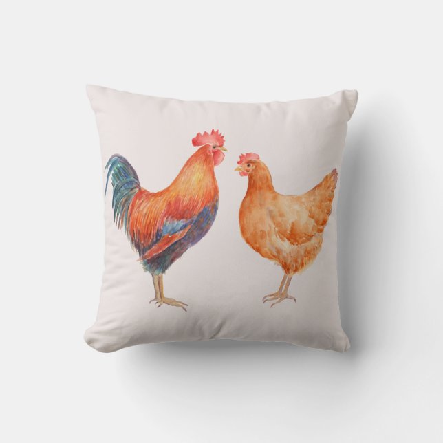 Watercolor Chicken Rooster and Hen Pillow (Front)