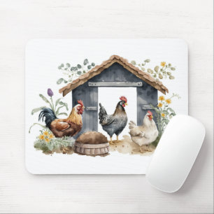 Watercolor Chickens in Coop Mouse Pad
