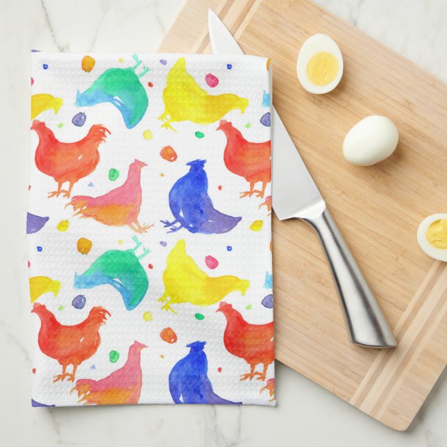 Watercolor Chickens Rainbow Colours Tea Towel (Quarter Fold)