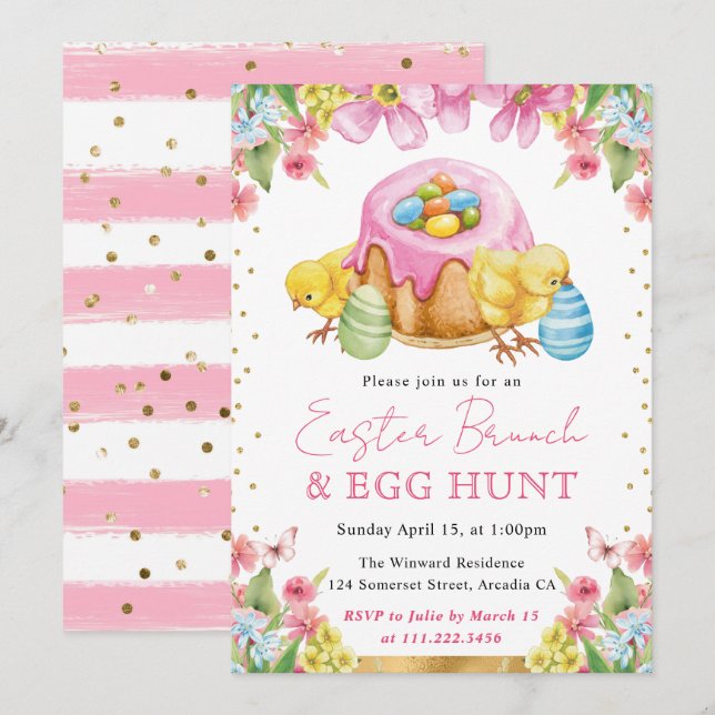 Watercolor Chicks and Cake Spring Easter Brunch Invitation (Front/Back)