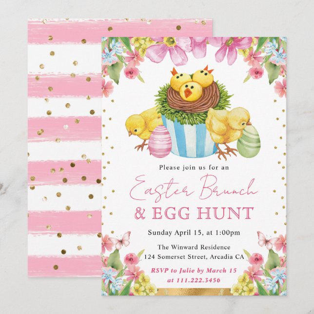 Watercolor Chicks and Cake Spring Easter Brunch Invitation (Front/Back)