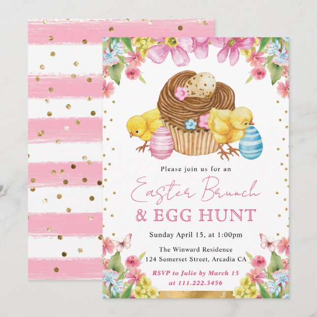 Watercolor Chicks and Cake Spring Easter Brunch Invitation (Front/Back)