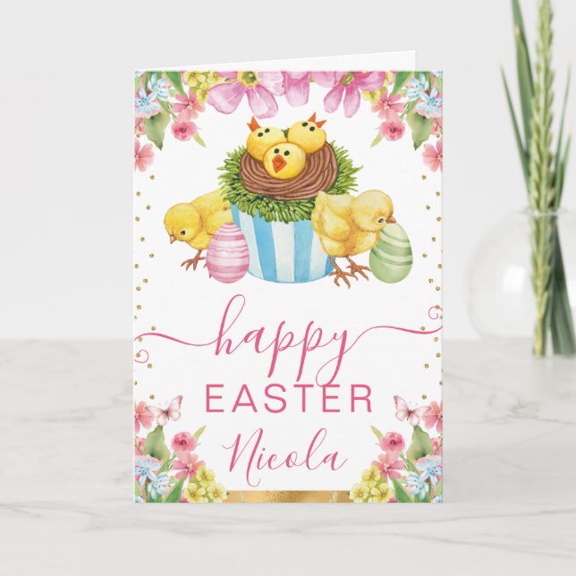 Watercolor Chicks Cake Spring Happy Easter Card (Front)