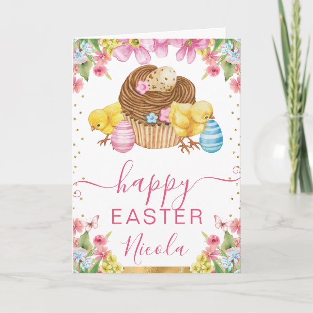 Watercolor Chicks Cake Spring Happy Easter Card (Front)