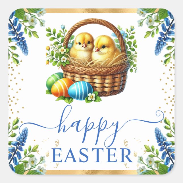 Watercolor Chicks Spring Flowers Happy Easter Square Sticker (Front)