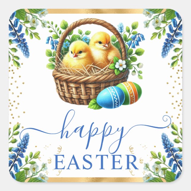 Watercolor Chicks Spring Flowers Happy Easter Square Sticker (Front)