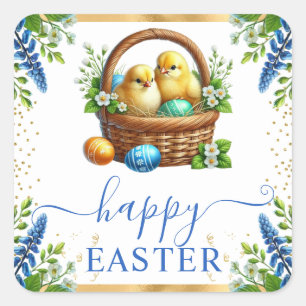 Watercolor Chicks Spring Flowers Happy Easter Square Sticker
