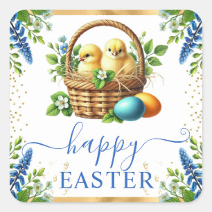 Watercolor Chicks Spring Flowers Happy Easter Square Sticker