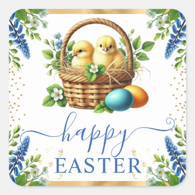 Watercolor Chicks Spring Flowers Happy Easter Square Sticker (Front)