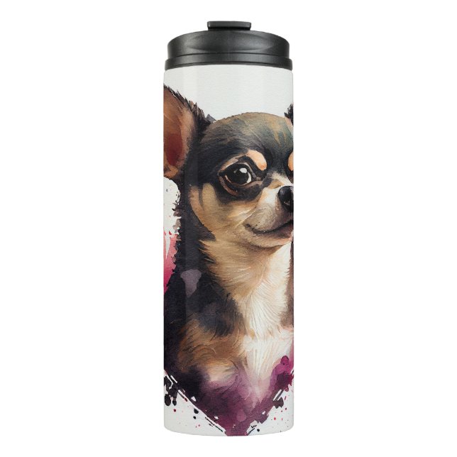 Watercolor Chihuahua Portrait with Heart-Shape Thermal Tumbler (Front)