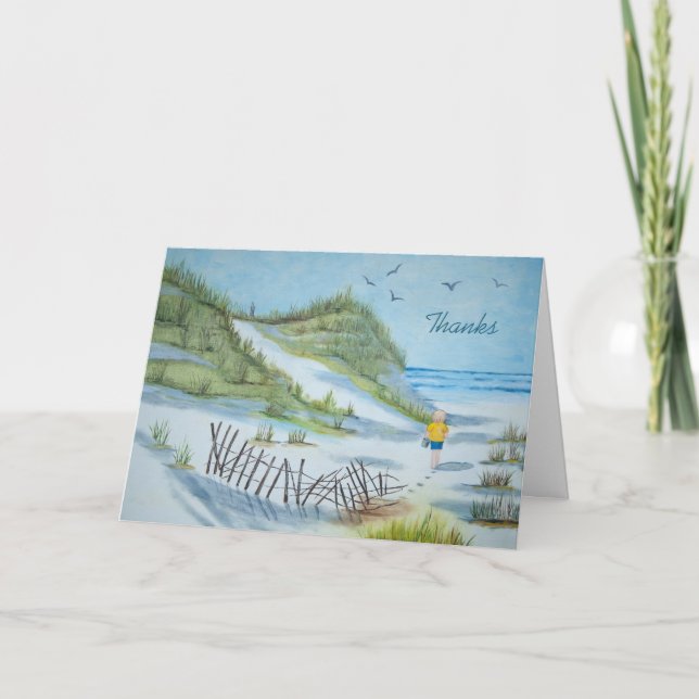 watercolor child walking ocean beach thank you card (Front)