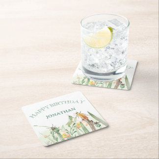 Watercolor Child's Bug Insect Birthday Square Paper Coaster