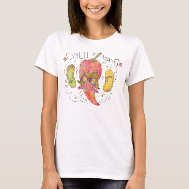 Watercolor Chilli Pepper, Beans, Cinco de Mayo T-Shirt (Front)