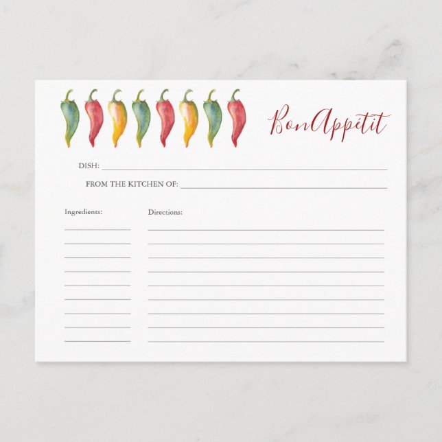 Watercolor Chilli Peppers Recipe Card (Front)