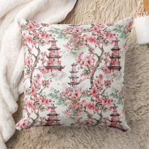 Watercolor Chinese Pagoda - Cherry Blossoms (10) Cushion