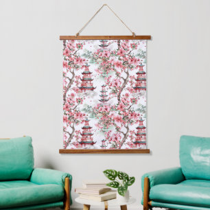 Watercolor Chinese Pagoda - Cherry Blossoms (10) Hanging Tapestry
