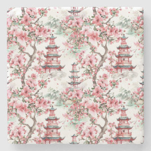 Watercolor Chinese Pagoda - Cherry Blossoms (10) Stone Coaster