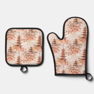 Watercolor Chinese Pagoda with Cherry Blossoms (1) Oven Mitt & Pot Holder Set
