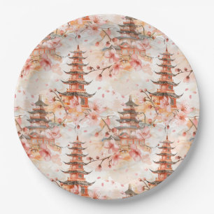 Watercolor Chinese Pagoda with Cherry Blossoms (1) Paper Plate