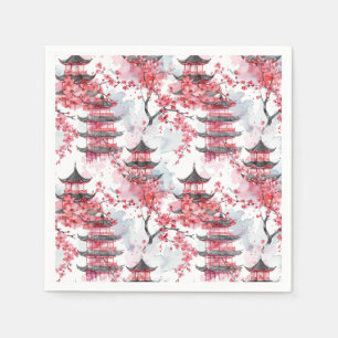 Watercolor Chinese Pagoda with Cherry Blossoms (2) Napkin