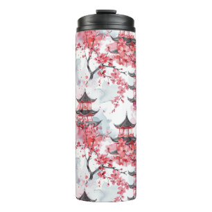 Watercolor Chinese Pagoda with Cherry Blossoms (2) Thermal Tumbler