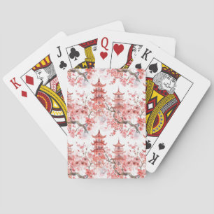 Watercolor Chinese Pagoda with Cherry Blossoms (3) Playing Cards