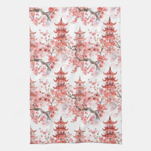 Watercolor Chinese Pagoda with Cherry Blossoms (3) Tea Towel