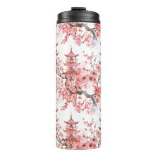Watercolor Chinese Pagoda with Cherry Blossoms (3) Thermal Tumbler