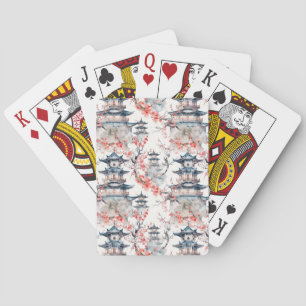Watercolor Chinese Pagoda with Cherry Blossoms (4) Playing Cards