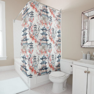 Watercolor Chinese Pagoda with Cherry Blossoms (4) Shower Curtain
