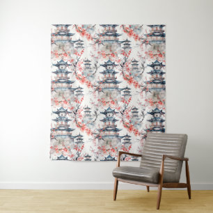 Watercolor Chinese Pagoda with Cherry Blossoms (4) Tapestry