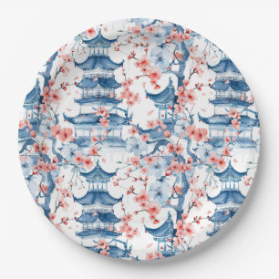 Watercolor Chinese Pagoda with Cherry Blossoms (5) Paper Plate