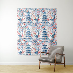 Watercolor Chinese Pagoda with Cherry Blossoms (5) Tapestry