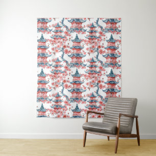 Watercolor Chinese Pagoda with Cherry Blossoms (6) Tapestry