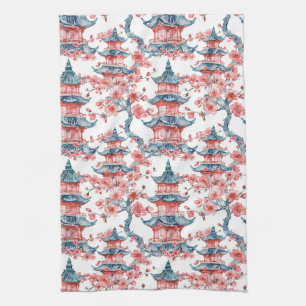 Watercolor Chinese Pagoda with Cherry Blossoms (6) Tea Towel