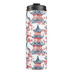 Watercolor Chinese Pagoda with Cherry Blossoms (6) Thermal Tumbler