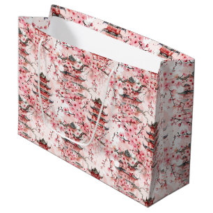 Watercolor Chinese Pagoda with Cherry Blossoms (7) Large Gift Bag