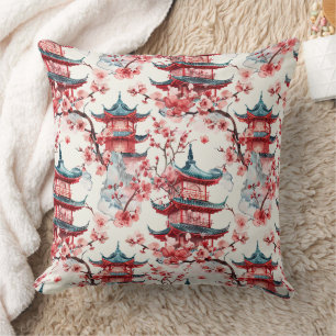 Watercolor Chinese Pagoda with Cherry Blossoms (8) Cushion