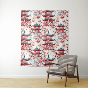 Watercolor Chinese Pagoda with Cherry Blossoms (8) Tapestry