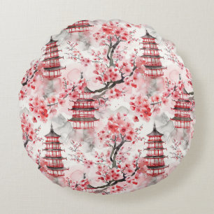 Watercolor Chinese Pagoda with Cherry Blossoms (9) Round Cushion