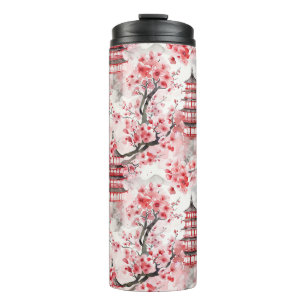 Watercolor Chinese Pagoda with Cherry Blossoms (9) Thermal Tumbler