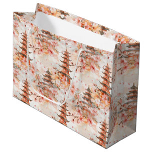 Watercolor Chinese Pagoda with Cherry Blossoms Large Gift Bag