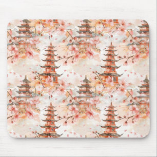 Watercolor Chinese Pagoda with Cherry Blossoms Mouse Pad