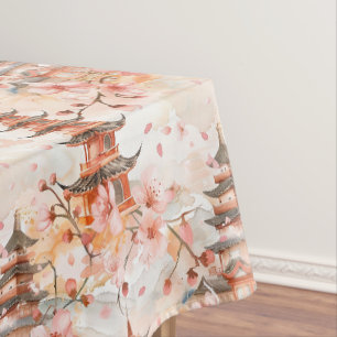 Watercolor Chinese Pagoda with Cherry Blossoms Tablecloth