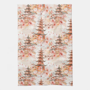 Watercolor Chinese Pagoda with Cherry Blossoms Tea Towel