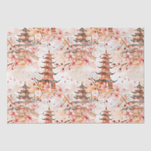 Watercolor Chinese Pagoda with Cherry Blossoms Tissue Paper