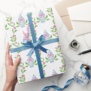 Watercolor Chinoiserie Blue and Pink Ginger Jars Wrapping Paper